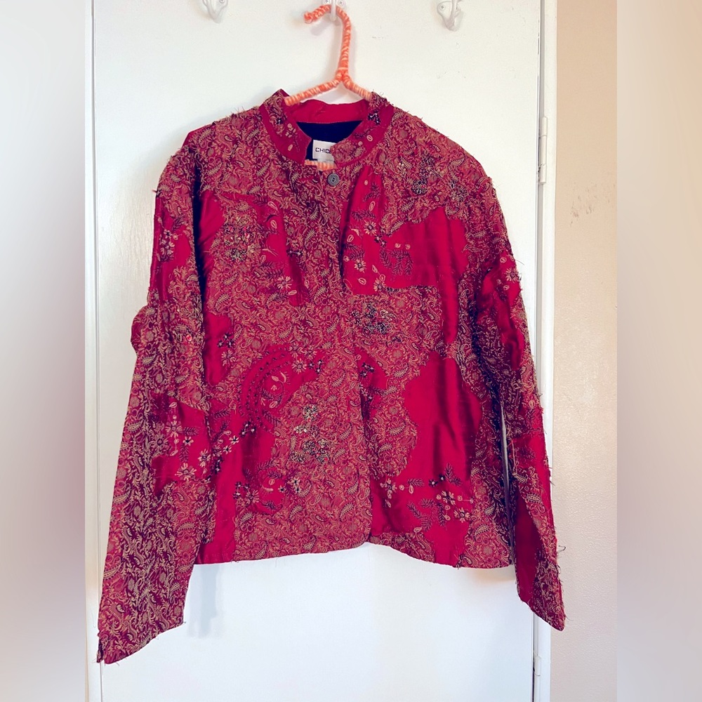 Chico’s Size 2X Red Silk Lined Embroidered Jacket